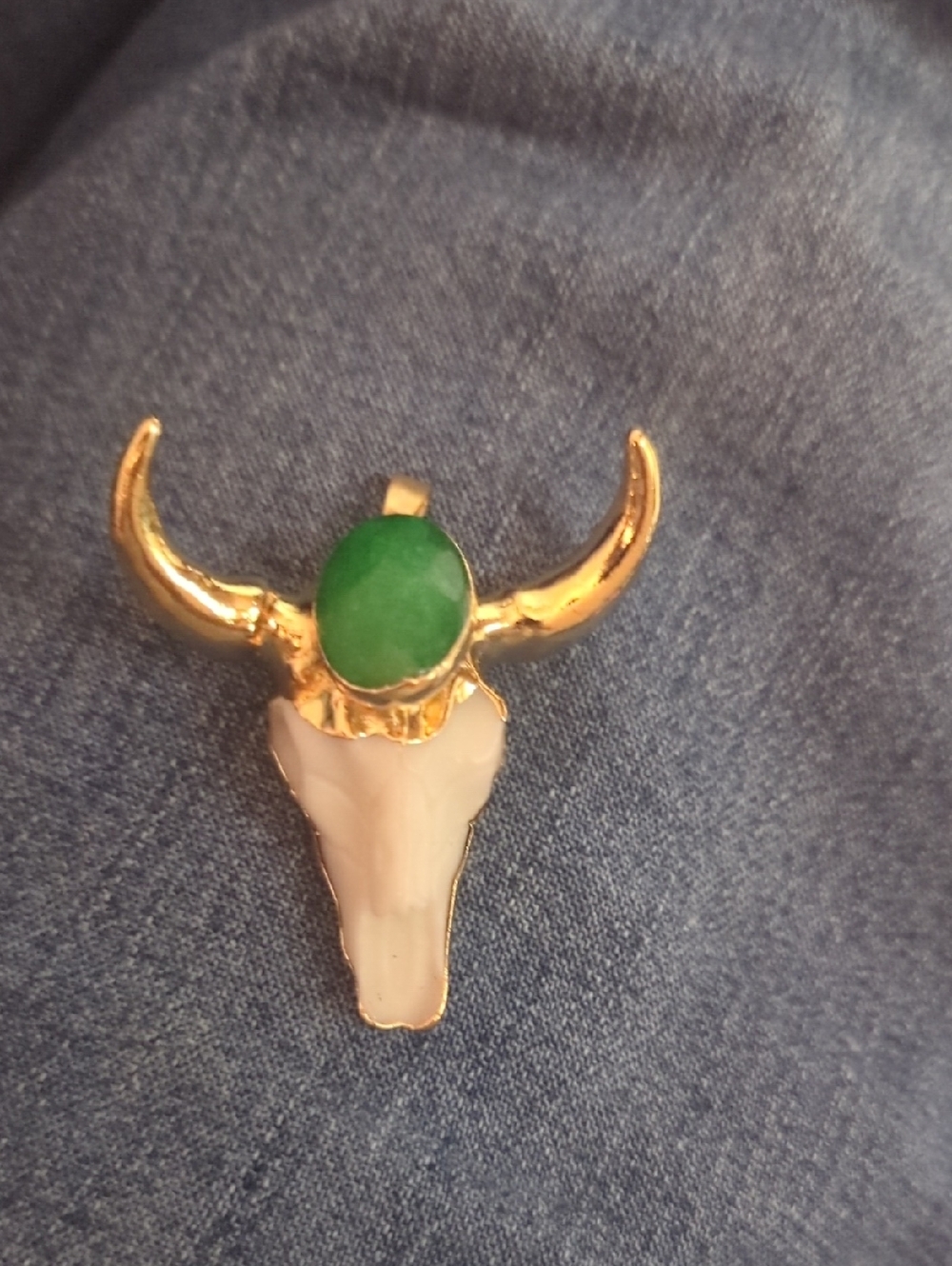 Gold-Tone Bull Skull Pendant with Green Stone and Cream Accent
